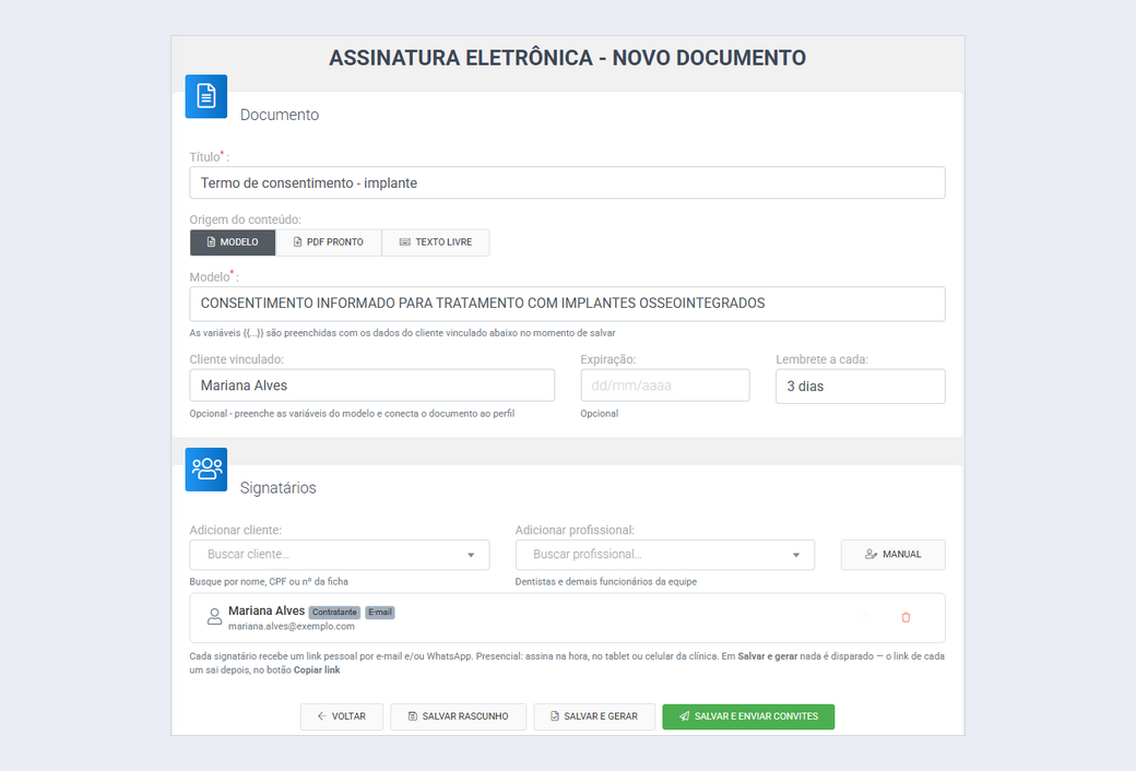 Formulário de novo documento para assinatura