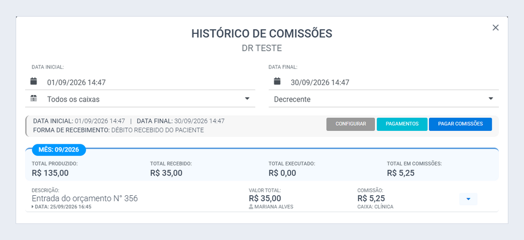 Histórico de comissões do profissional
