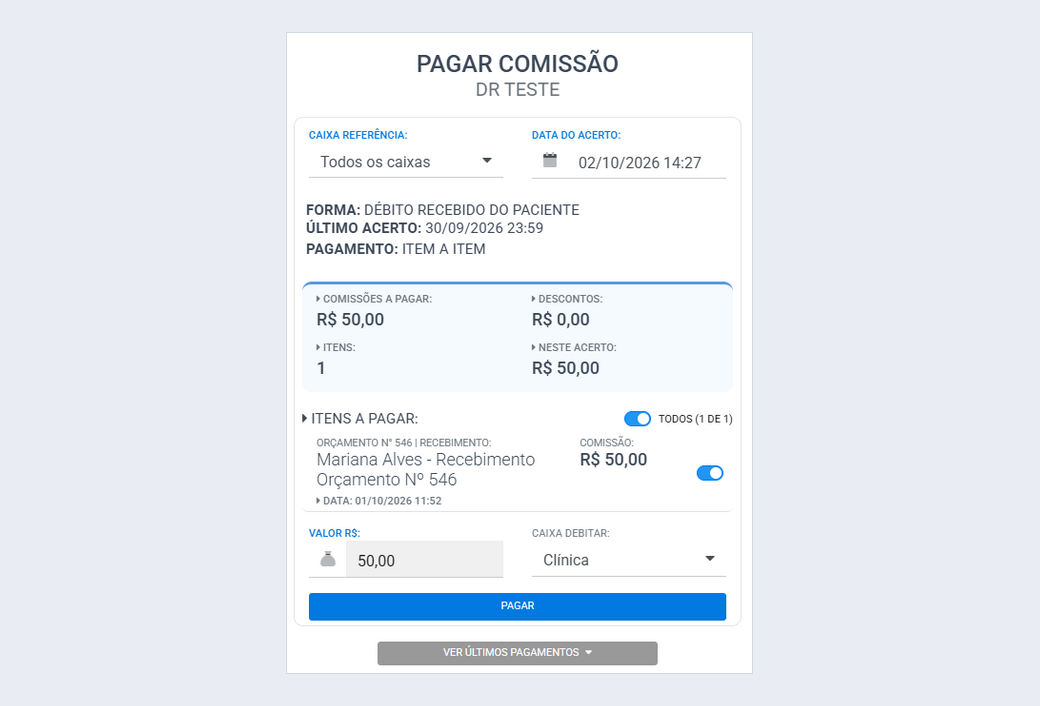 Pagar comissão com a lista de itens marcáveis