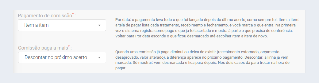 Campos Pagamento de comissão e Comissão paga a mais nas Configurações