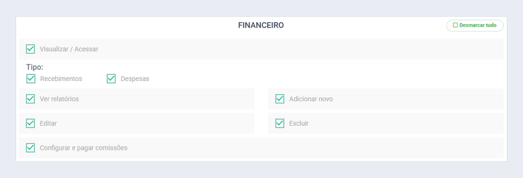 A caixa Configurar e pagar comissões, no Financeiro do nível de acesso