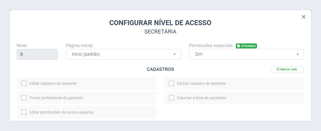 Permissões especiais ligadas: as caixas começam desmarcadas
